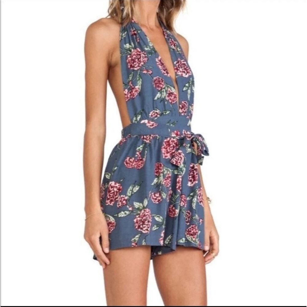 Faithfull the Brand Size 8 floral Halter mini shorts romper backless
